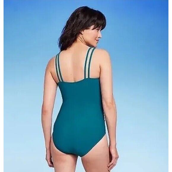 Women's UPF 50 Double Strap Asymmetrical One Piece Swimsuit Aqua Green 17 NWT - Picture 2 of 7